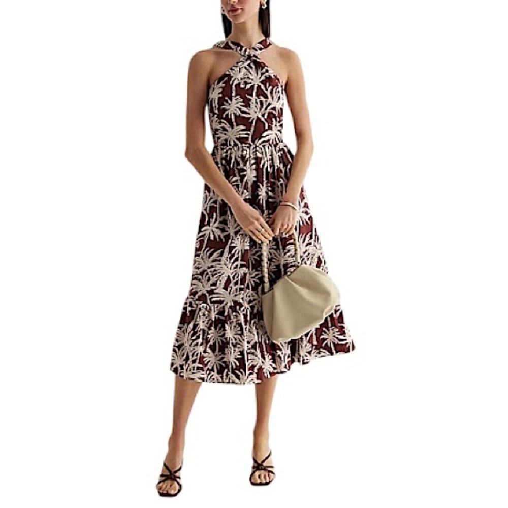 Express Cotton Blend Brown White Tropical Halter Neck Summer Brunch Midi Dress M